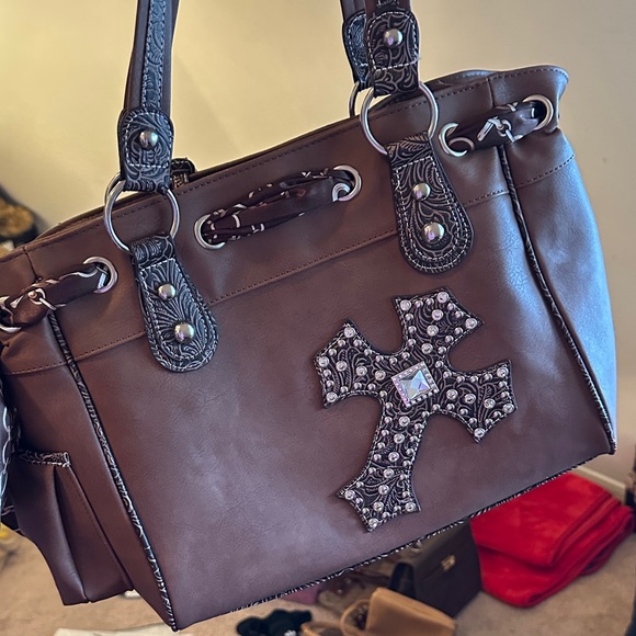 Brown Tote Bag with Embellished Cross - Picture 4 of 8